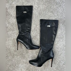 Coach Grace Black Leather Slip On High Heeled Tall Boots